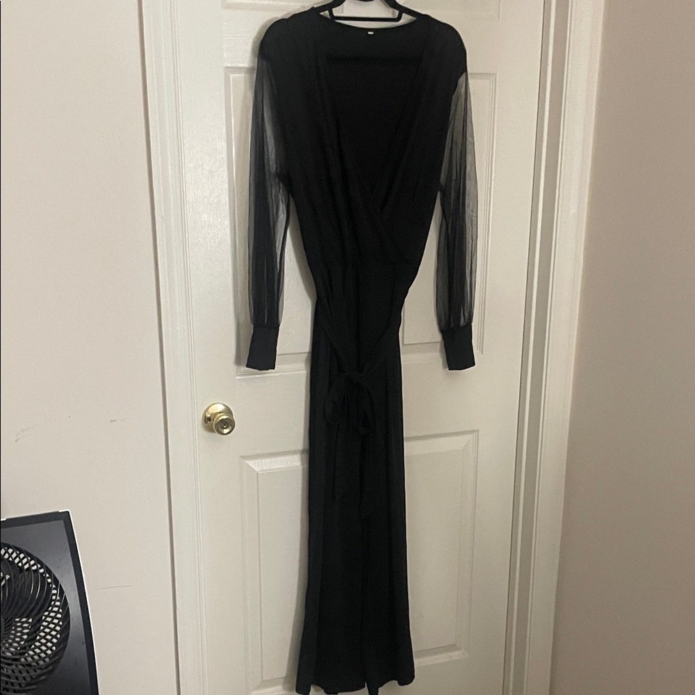 Black Long Sleeve Sheer-Sleeve Wrap Dress